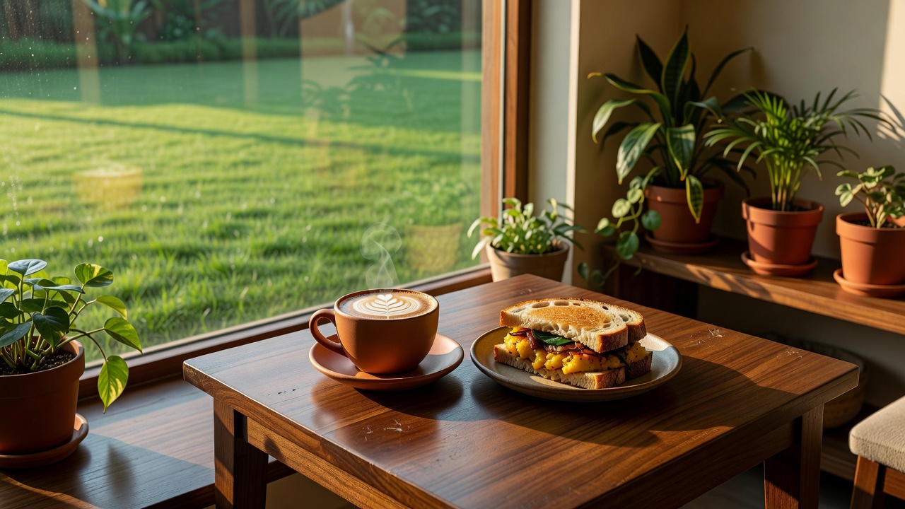 Concept image of a cafe table beside a green lawn