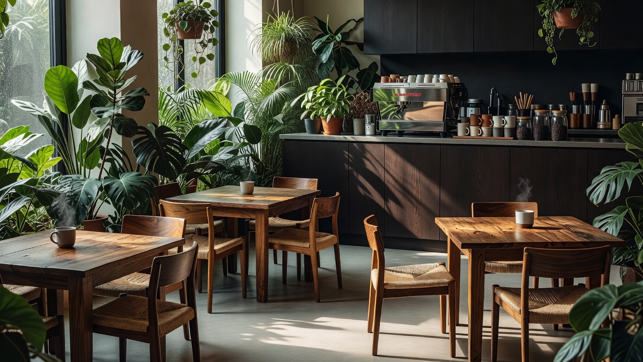 Concept image of a cafe interior with plants and a coffee bar
